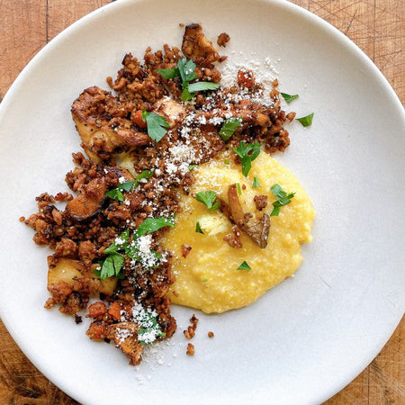 LION’S MANE MUSHROOM CRUMBLE RAGU WITH POLENTA
