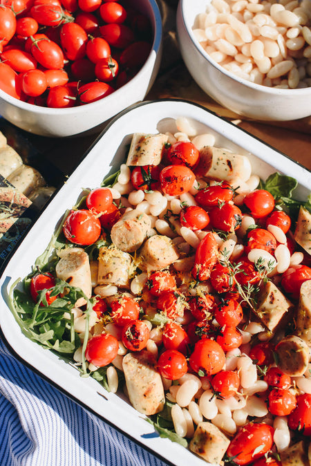White Bean and Grilled Big Brat Salad with Charred Cherry Tomatoes