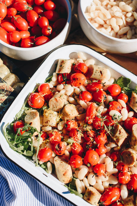 White Bean and Grilled Big Brat Salad with Charred Cherry Tomatoes